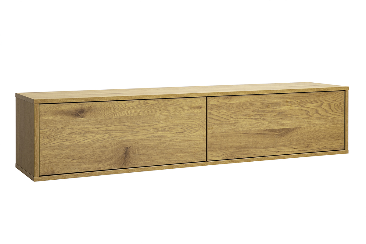 Meuble TV mural en bois clair ch�ne, vue de 3/4, longueur 140 cm, avec deux tiroirs sans poign�es.