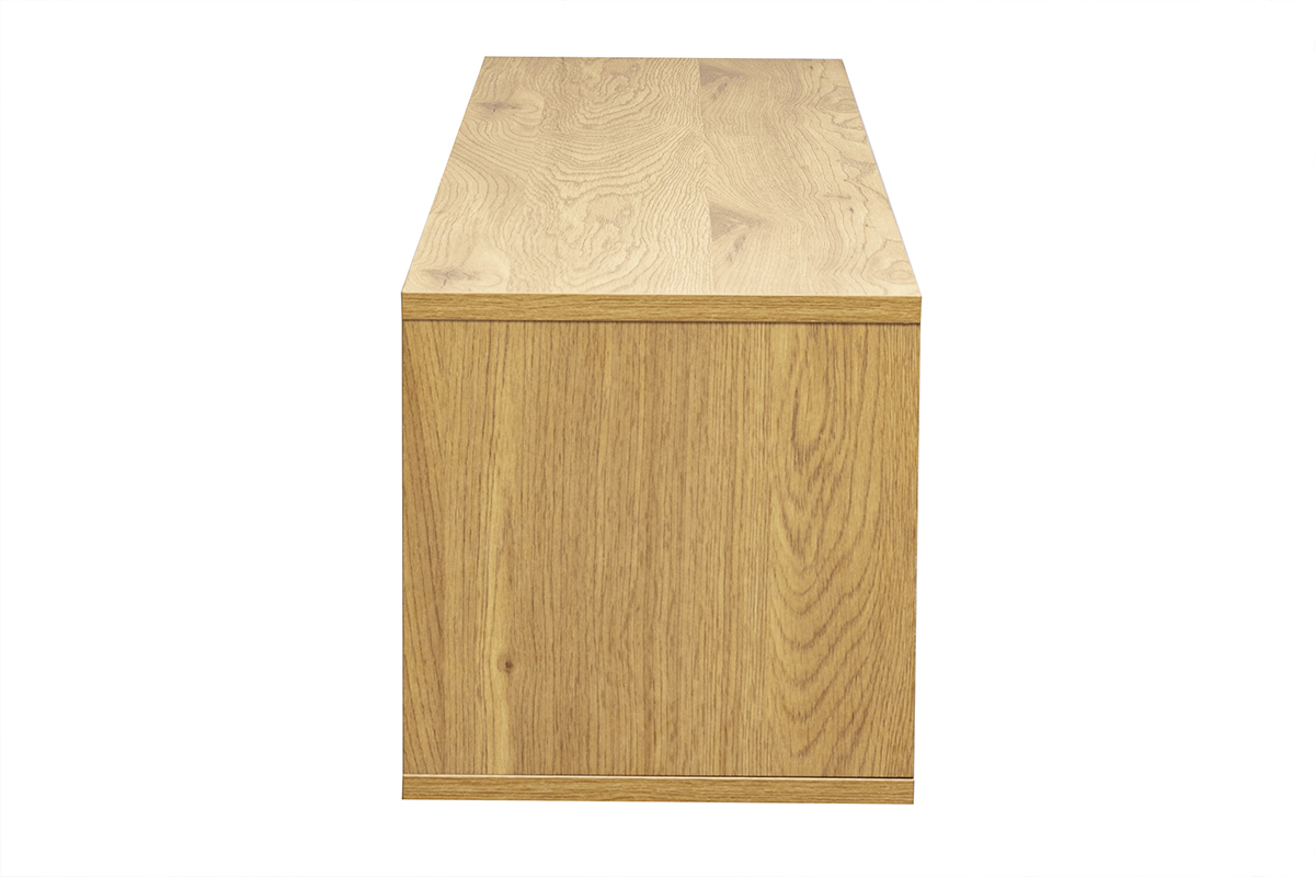 Meuble TV mural en bois clair ch�ne, vue de profil, longueur 140 cm, finition minimaliste.