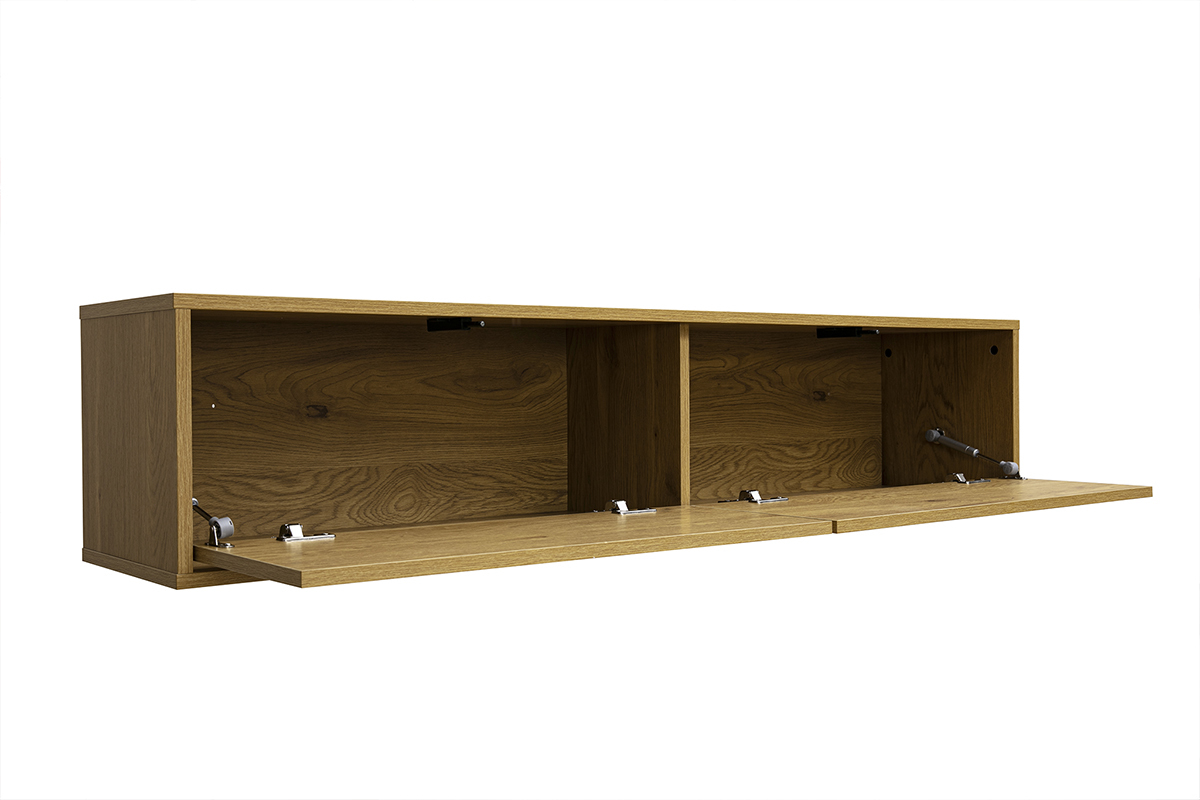 Meuble TV mural en bois clair ch�ne de 140 cm, vue de 3/4 avec tiroirs ouverts.