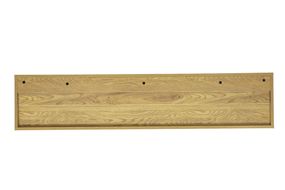 Meuble TV mural en bois clair ch�ne, finition �pur�e, vue de dos, longueur 140 cm
