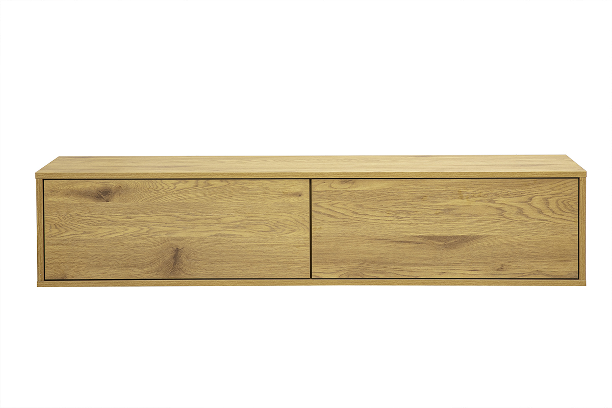 Meuble TV mural en bois clair ch�ne, 2 tiroirs sans poign�es, vue de face