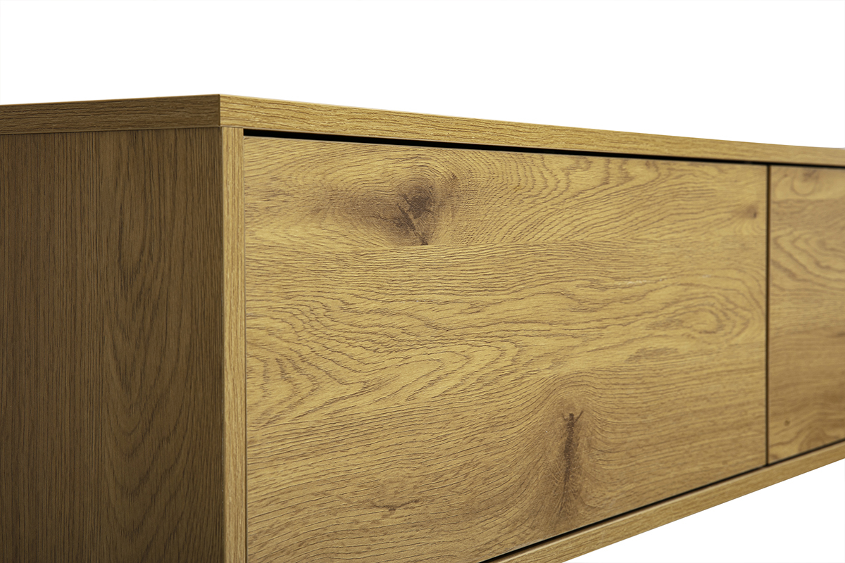 Meuble TV mural FLEXO en finition bois clair ch�ne, vue de 3/4 montrant la texture du bois.