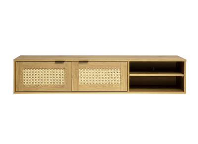 Meuble tv mural finition bois clair et cannage rotin 2 portes L150 cm MANILLE