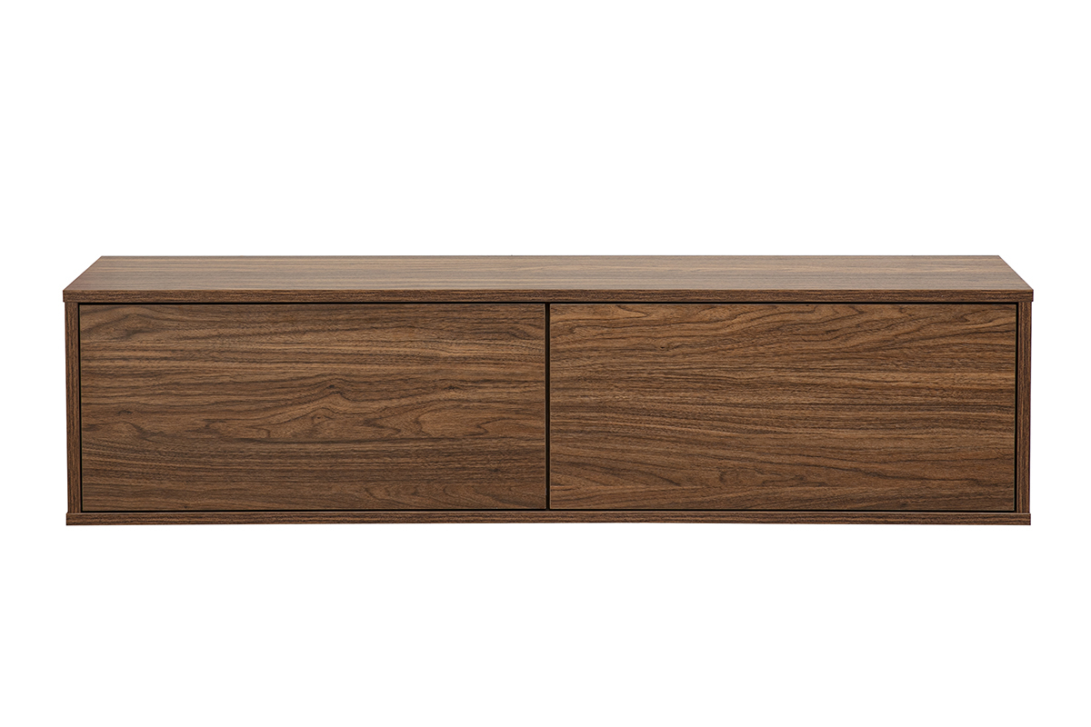 Meuble TV mural en bois fonc� noyer, vue de face, dimensions L120 x P30 x H30 cm
