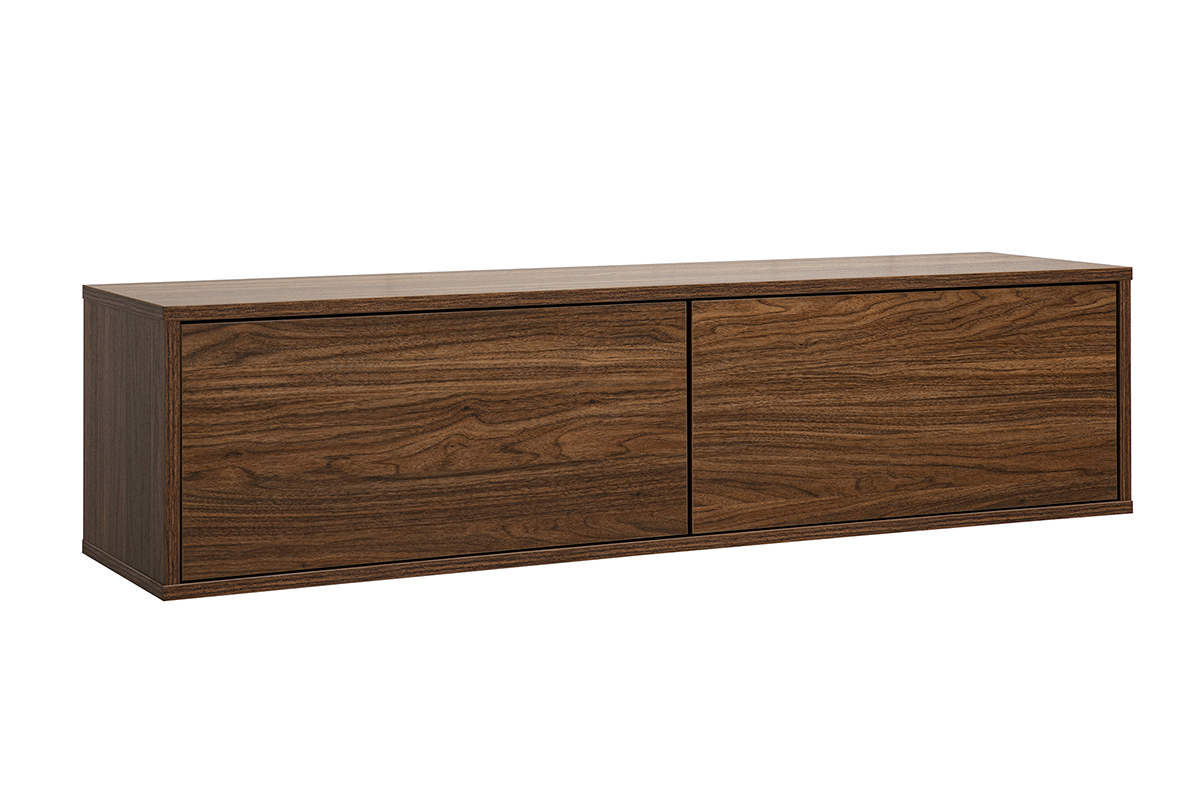 Meuble TV mural en bois fonc� noyer, design suspendu, vue de 3/4.