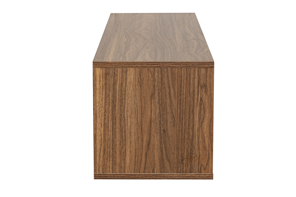 Meuble TV mural en bois fonc� noyer, vue de profil, dimensions L120 cm.