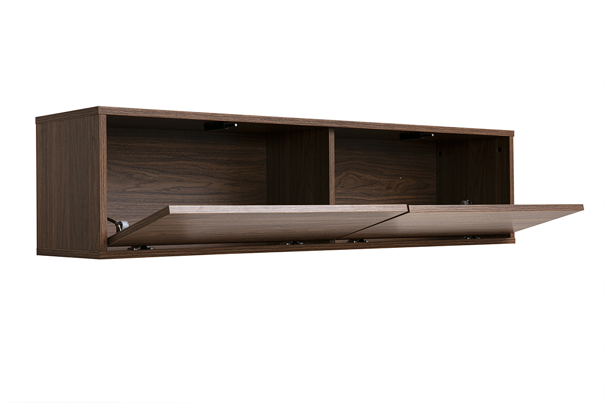 Meuble TV mural FLEXO en bois fonc� noyer, vue de 3/4 avec portes ouvertes