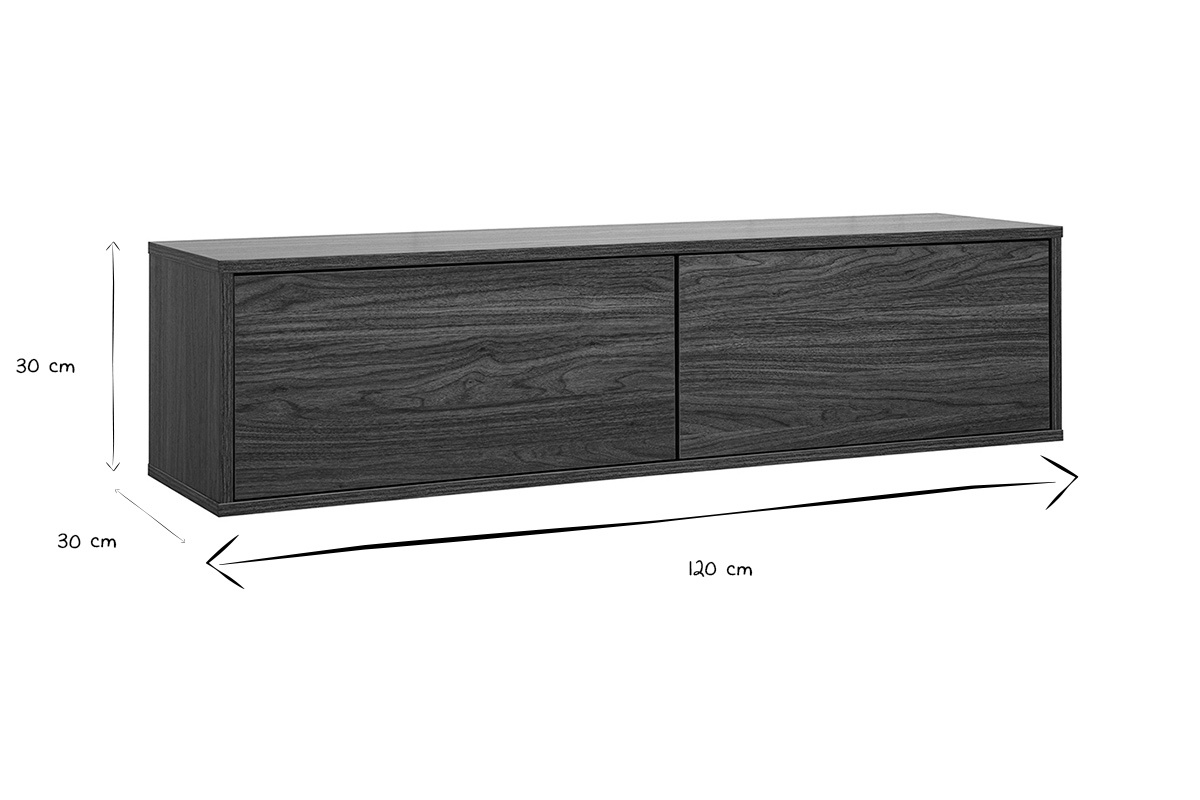 Dimensions du meuble TV mural en noir et blanc : L120 cm, P30 cm, H30 cm.