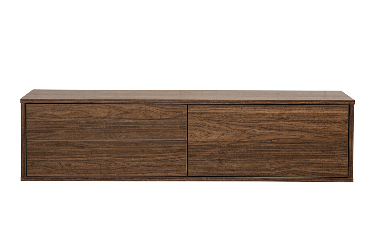 Meuble TV mural finition bois fonc� noyer L120 cm avec deux tiroirs et une niche ouverte.