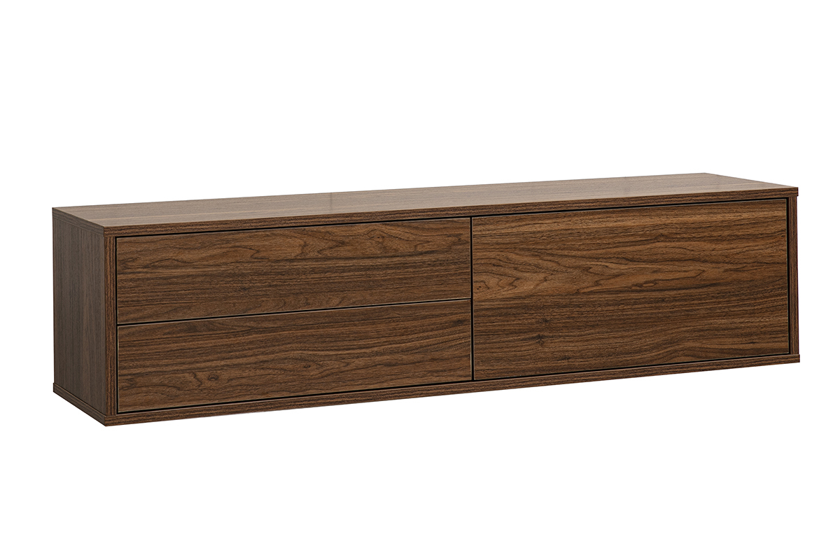 Meuble TV mural finition bois fonc� noyer L120 cm FLEXO, vue de 3/4avec deux tiroirs et une niche.
