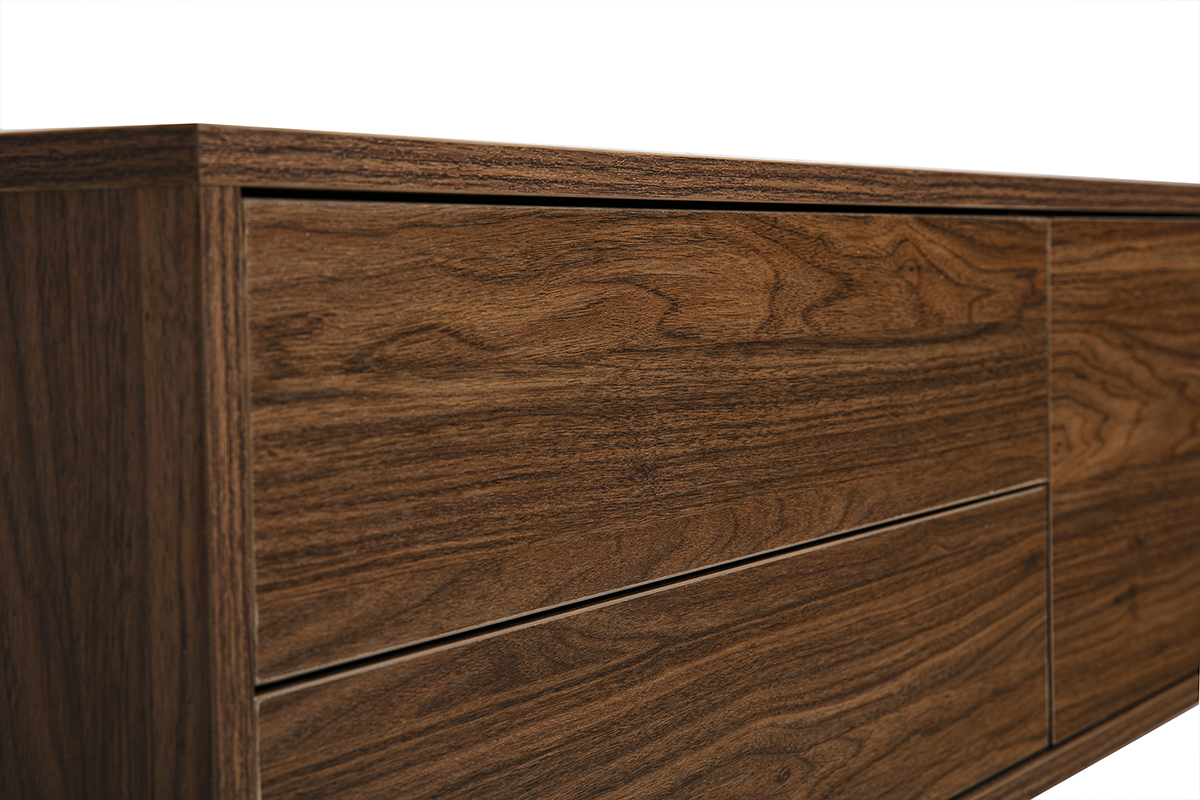 Meuble TV mural en bois fonc� noyer, vue en d�tail des tiroirs.
