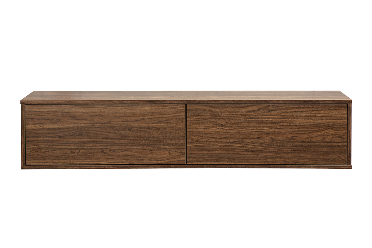 Meuble TV mural finition bois fonc� noyer L140 cm FLEXO, vue de face.