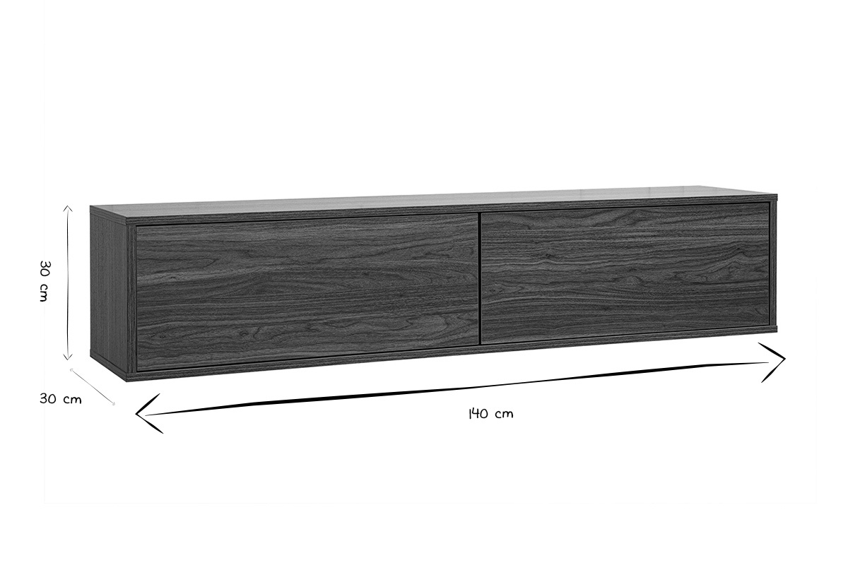 Dimensions du meuble TV mural FLEXO en noir et blanc, 140 cm de long, 30 cm de hauteur et profondeur.