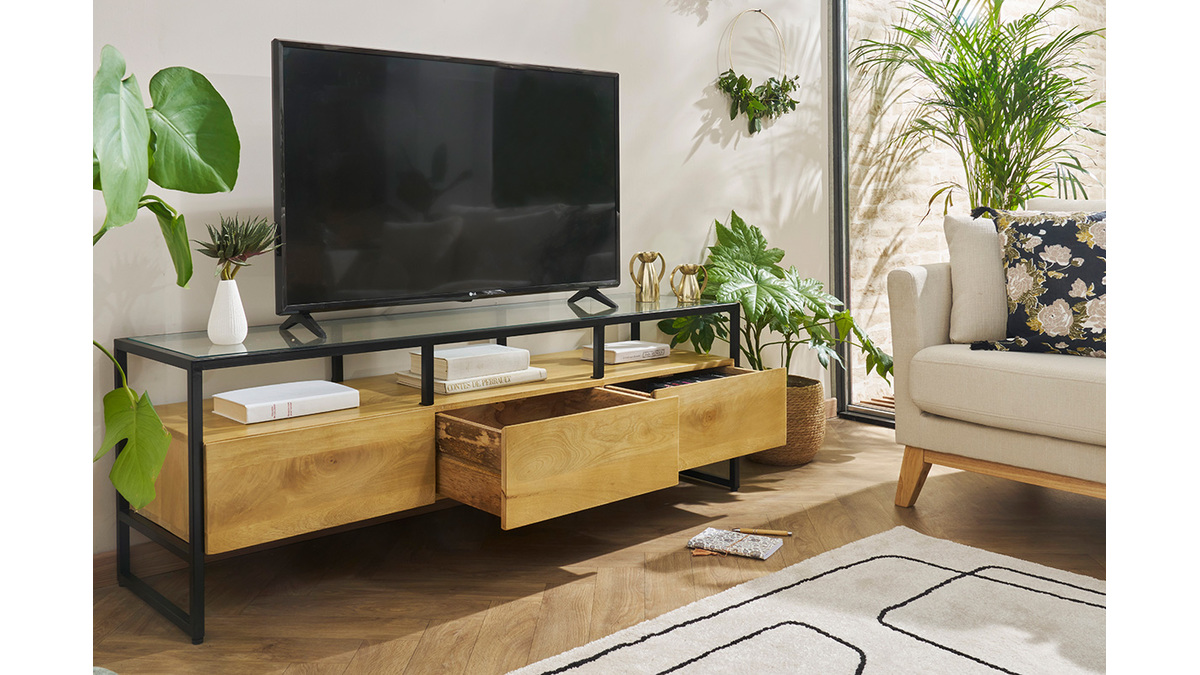 Meuble TV rectangulaire avec rangements en bois manguier massif, verre et mtal noir L150 cm DIYA
