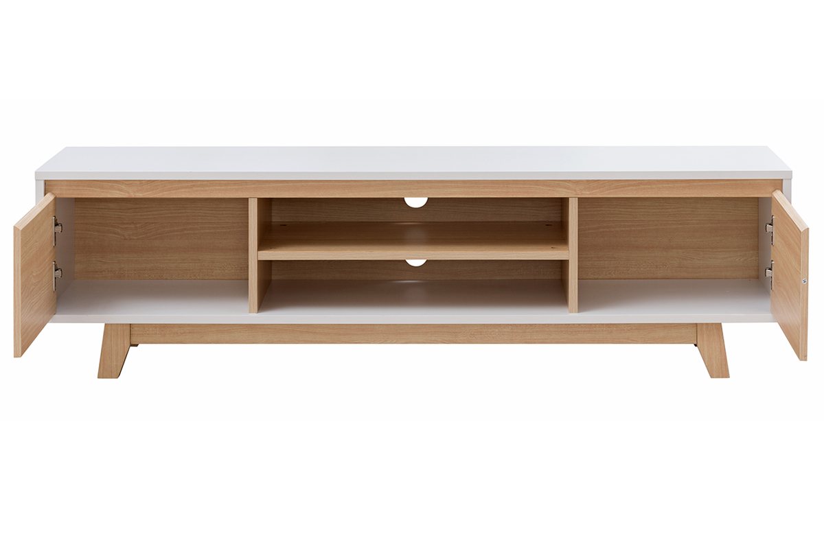 Meuble TV scandinave blanc brillant et bois L160 cm LAHTI