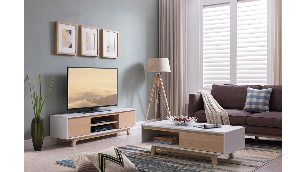 Meuble TV scandinave blanc brillant et bois L160 LAHTI