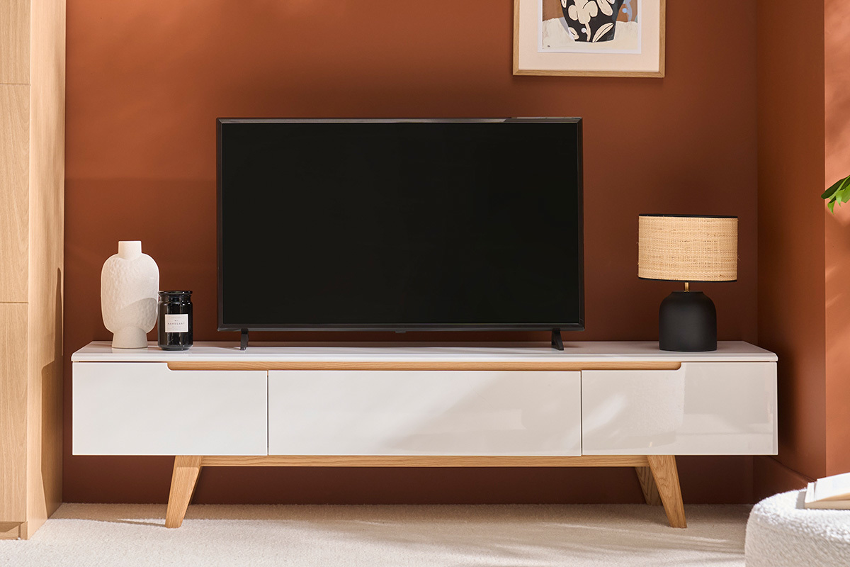 Meuble TV scandinave blanc brillant et bois L180 cm MELKA