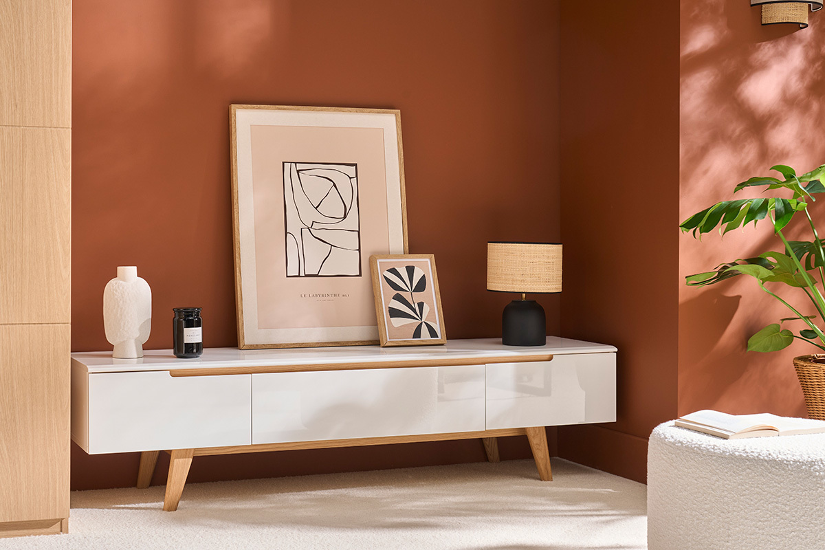 Meuble TV scandinave blanc brillant et bois L180 cm MELKA