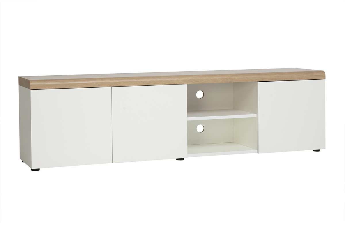 Meuble TV scandinave blanc avec finition bois clair, vue de 3/4, L180 cm, avec rangements.