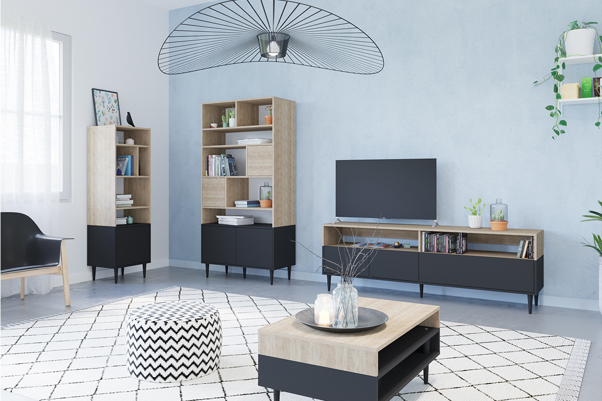Meuble TV scandinave bois et noir STRIPE