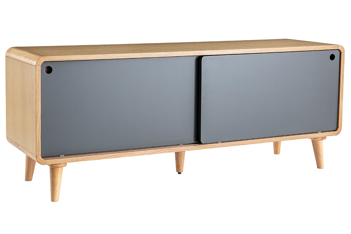Meuble TV scandinave ch�ne clair et gris COPENHAGUE