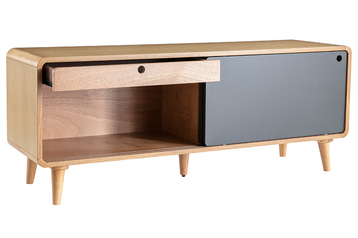 Meuble TV scandinave ch�ne clair et gris COPENHAGUE
