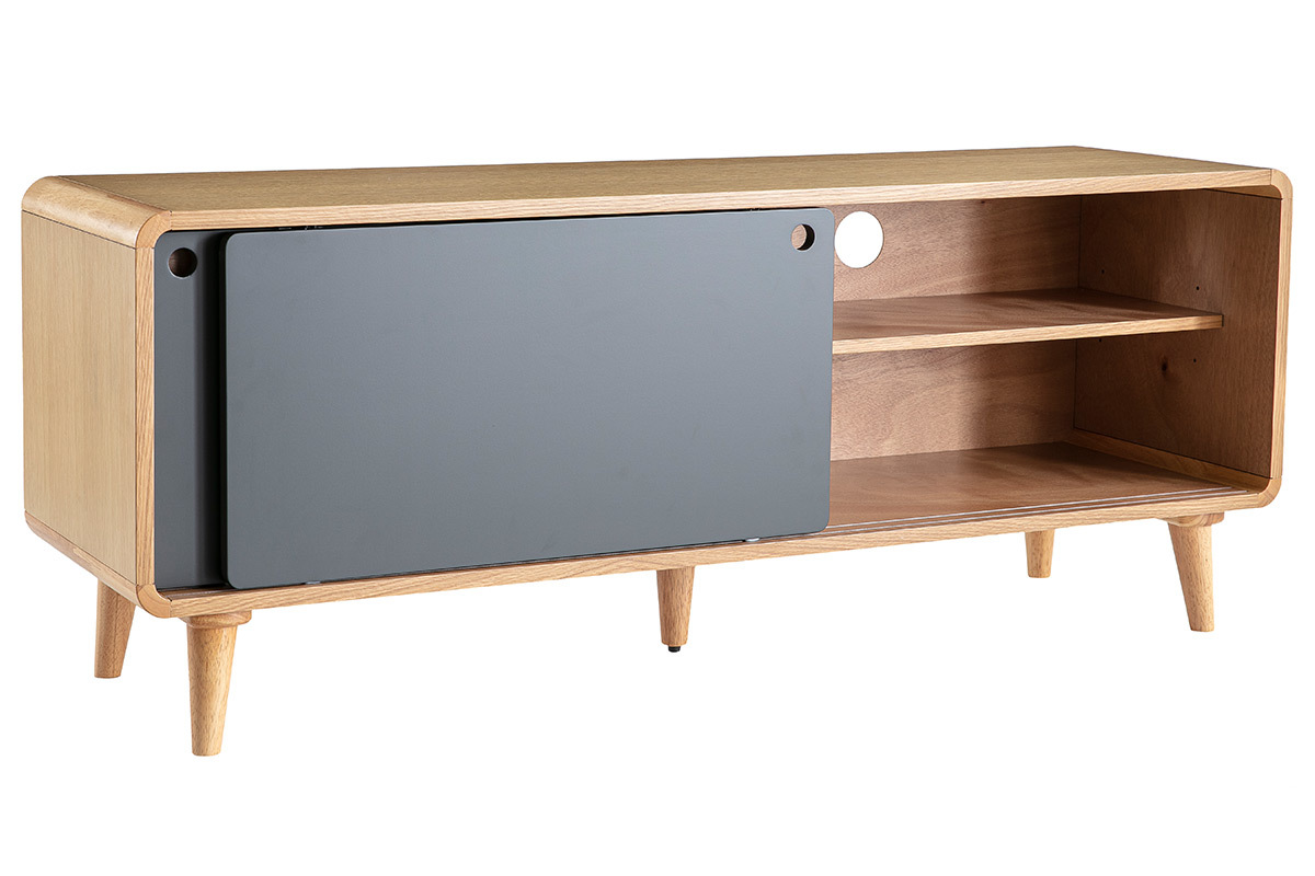 Meuble TV scandinave ch�ne clair et gris COPENHAGUE