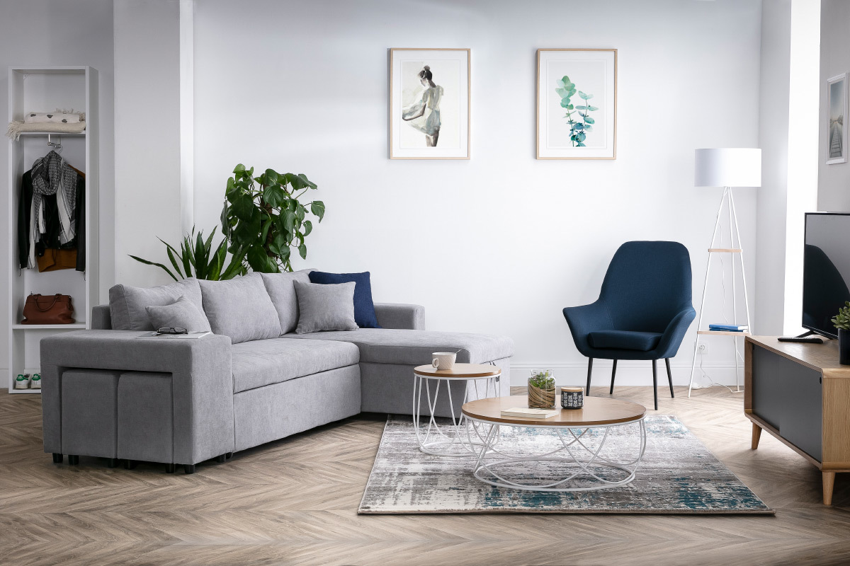 Meuble TV scandinave ch�ne clair et gris COPENHAGUE