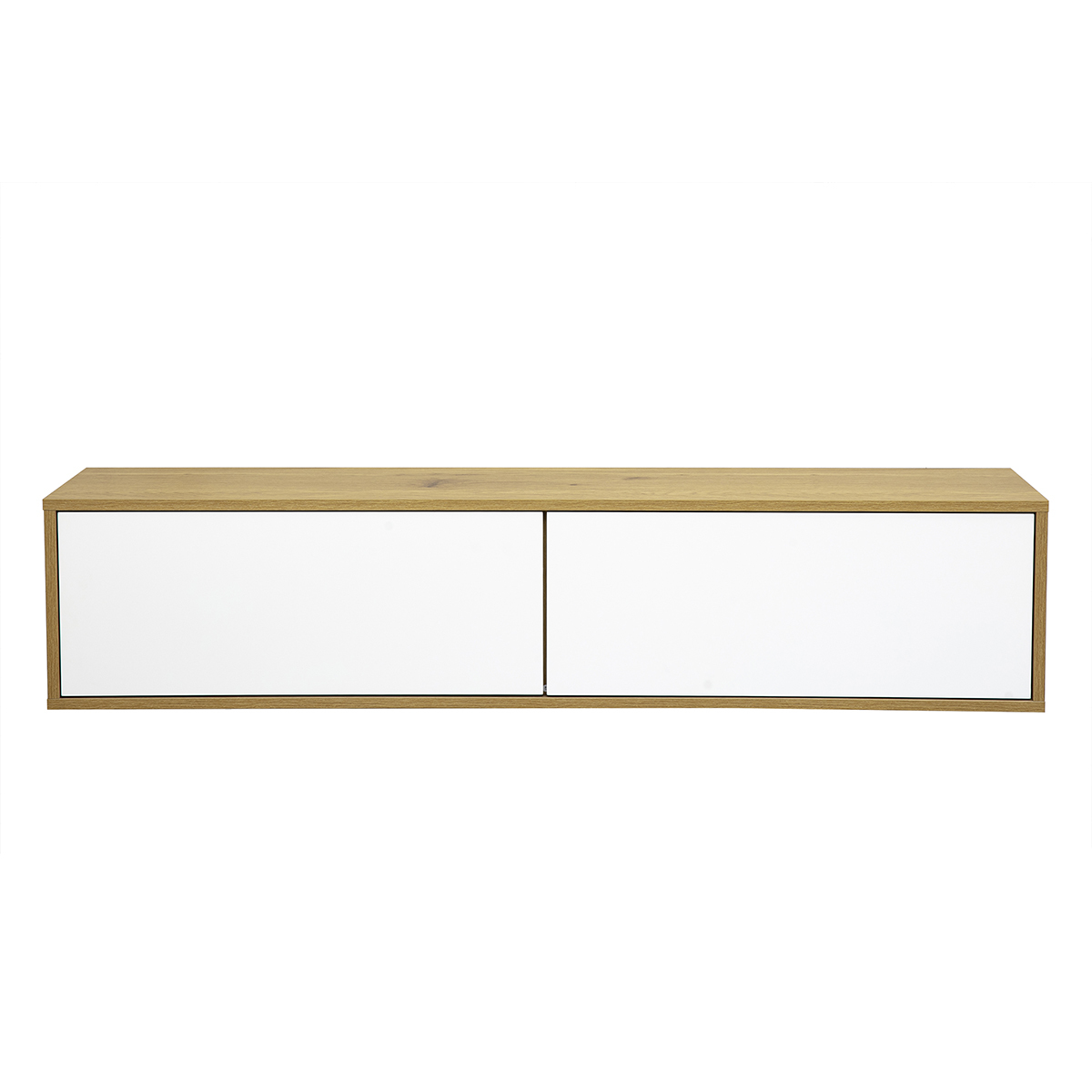 Meuble TV suspendu finition blanche et bois clair chêne L140 cm FLEXO Meuble TV suspendu finition blanche et bois clair chêne L140 cm FLEXO
