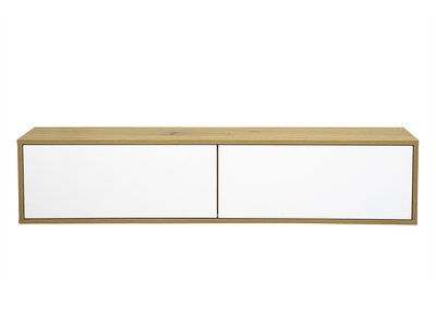 Meuble TV suspendu finition blanche et bois clair ch&ecirc;ne L140 cm FLEXO