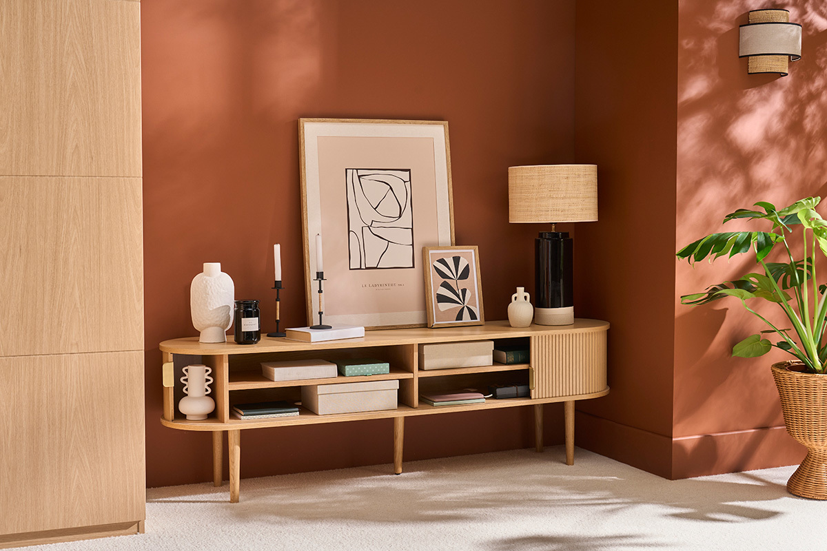 Meuble TV vintage bois clair chne avec rangements 2 portes coulissantes L180 cm EPIC