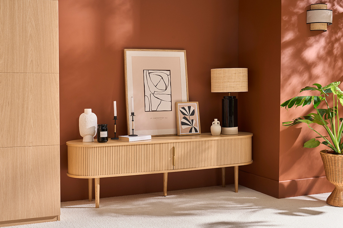 Meuble TV vintage bois clair chne avec rangements 2 portes coulissantes L180 cm EPIC