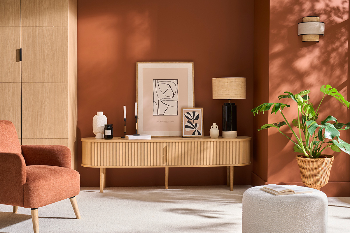 Meuble TV vintage bois clair chne avec rangements 2 portes coulissantes L180 cm EPIC