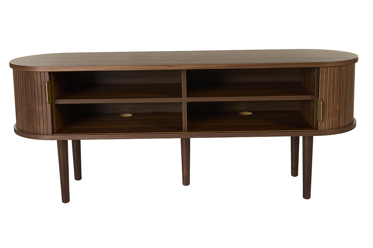 Meuble TV vintage en bois fonc� noyer avec 2 portes coulissantes, vue de face.