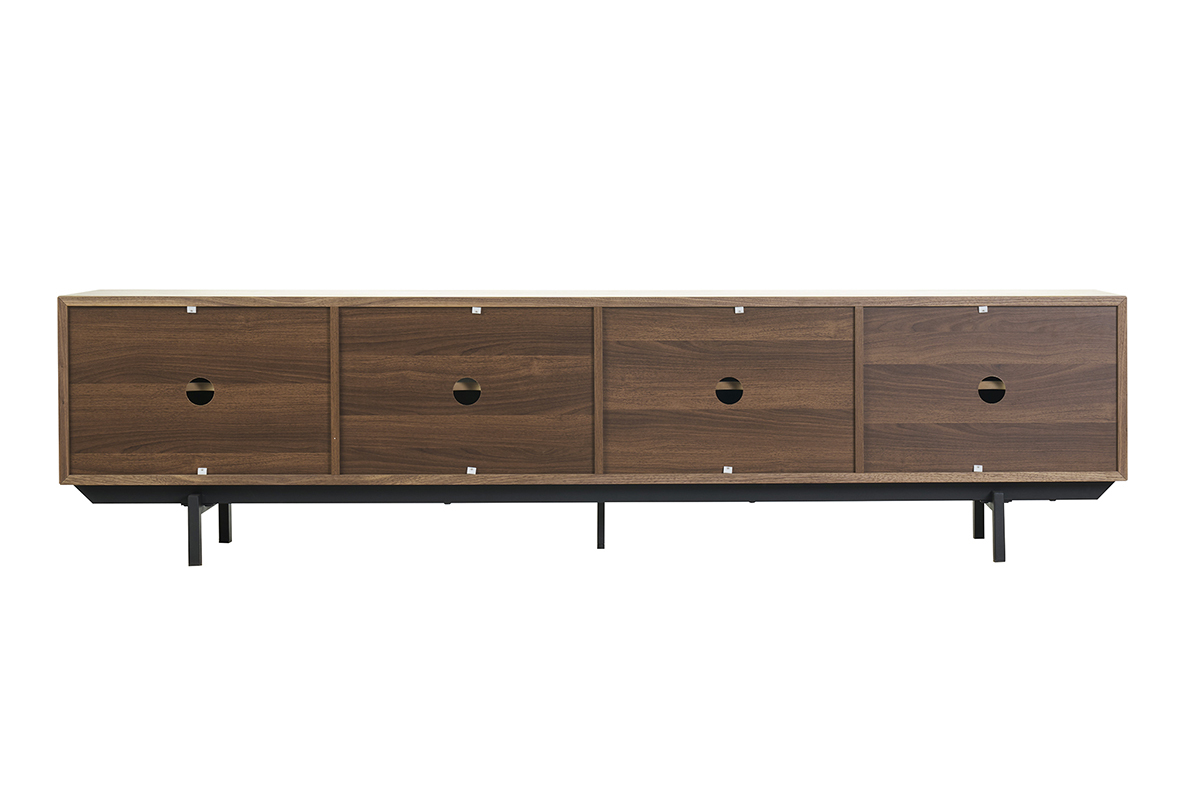 Meuble TV vintage en bois fonc noyer et mtal noir, vue de dos, avec quatre portes.