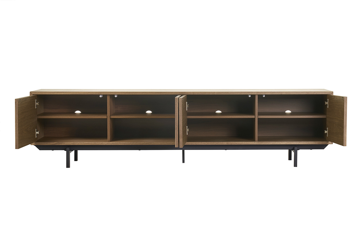 Meuble TV MANNY ouvert, 8 compartiments, bois fonc, pieds mtal noir, vue de face.