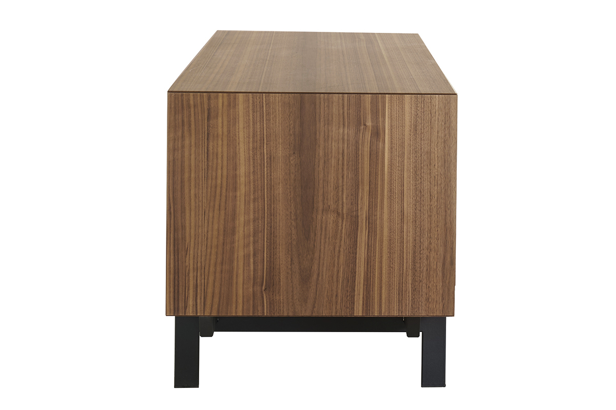 Meuble TV en bois fonc noyer vue de ct avec pieds en mtal noir.