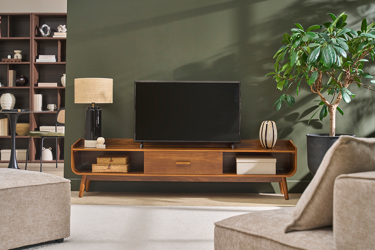 Meuble TV vintage bois fonc� noyer L200 cm HALLEN