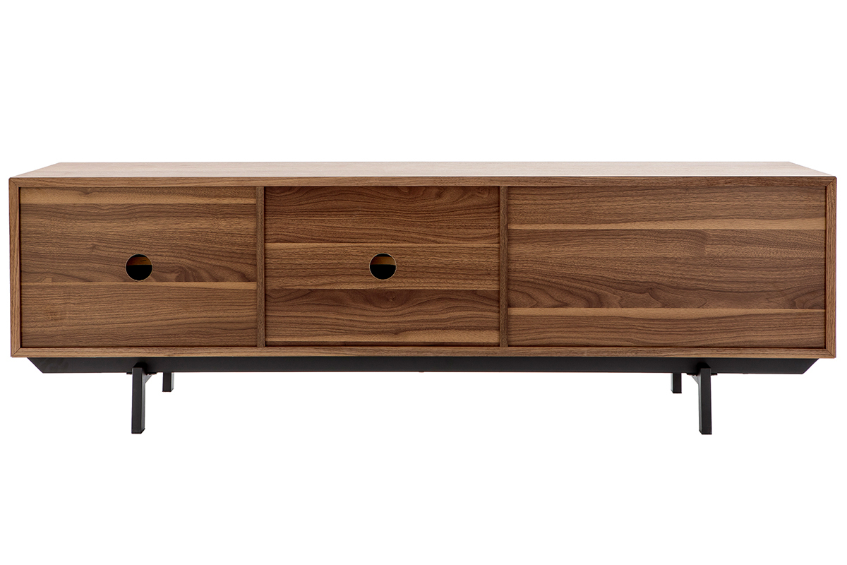 Meuble TV vintage en bois fonc avec pieds en mtal, vue de dos.