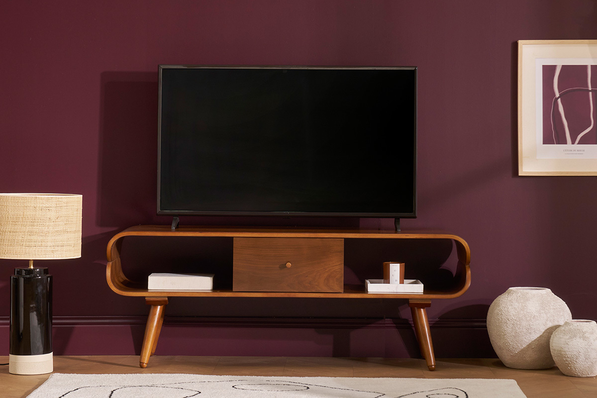 Meuble TV vintage en bois fonc avec rangements L132 cm TAKLA