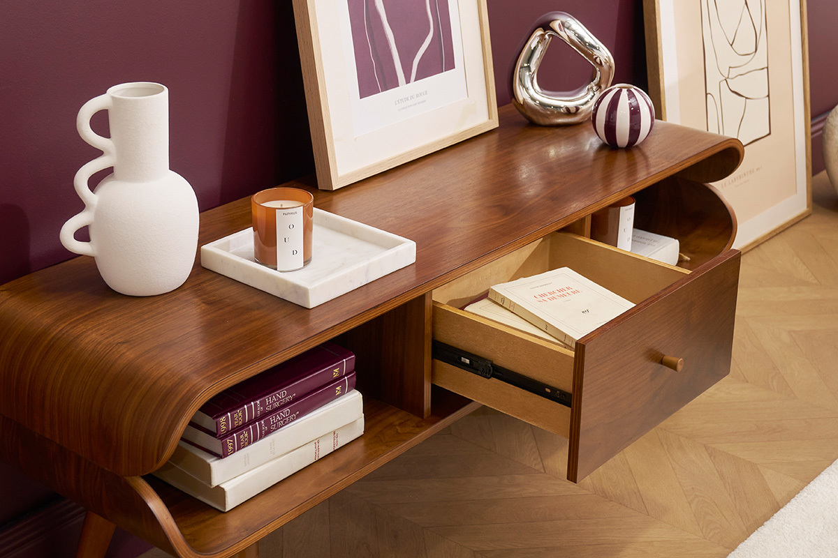 Meuble TV vintage en bois fonc avec rangements L132 cm TAKLA