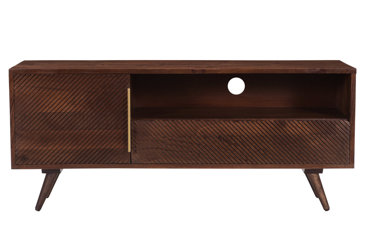Meuble TV vintage en bois fonc manguier massif 1 porte 1 tiroir gravs L120 cm REKHA