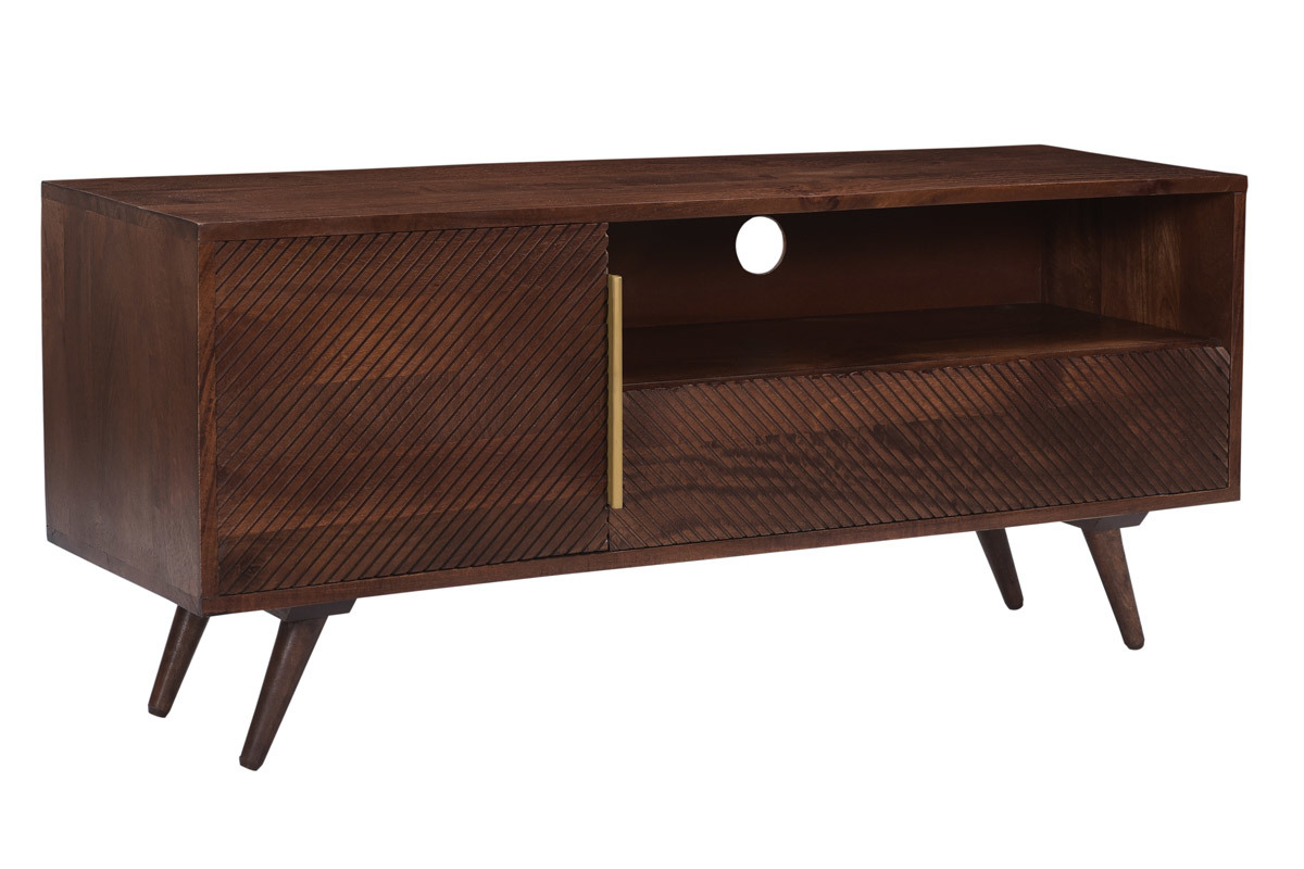 Meuble TV vintage en bois fonc manguier massif 1 porte 1 tiroir gravs L120 cm REKHA