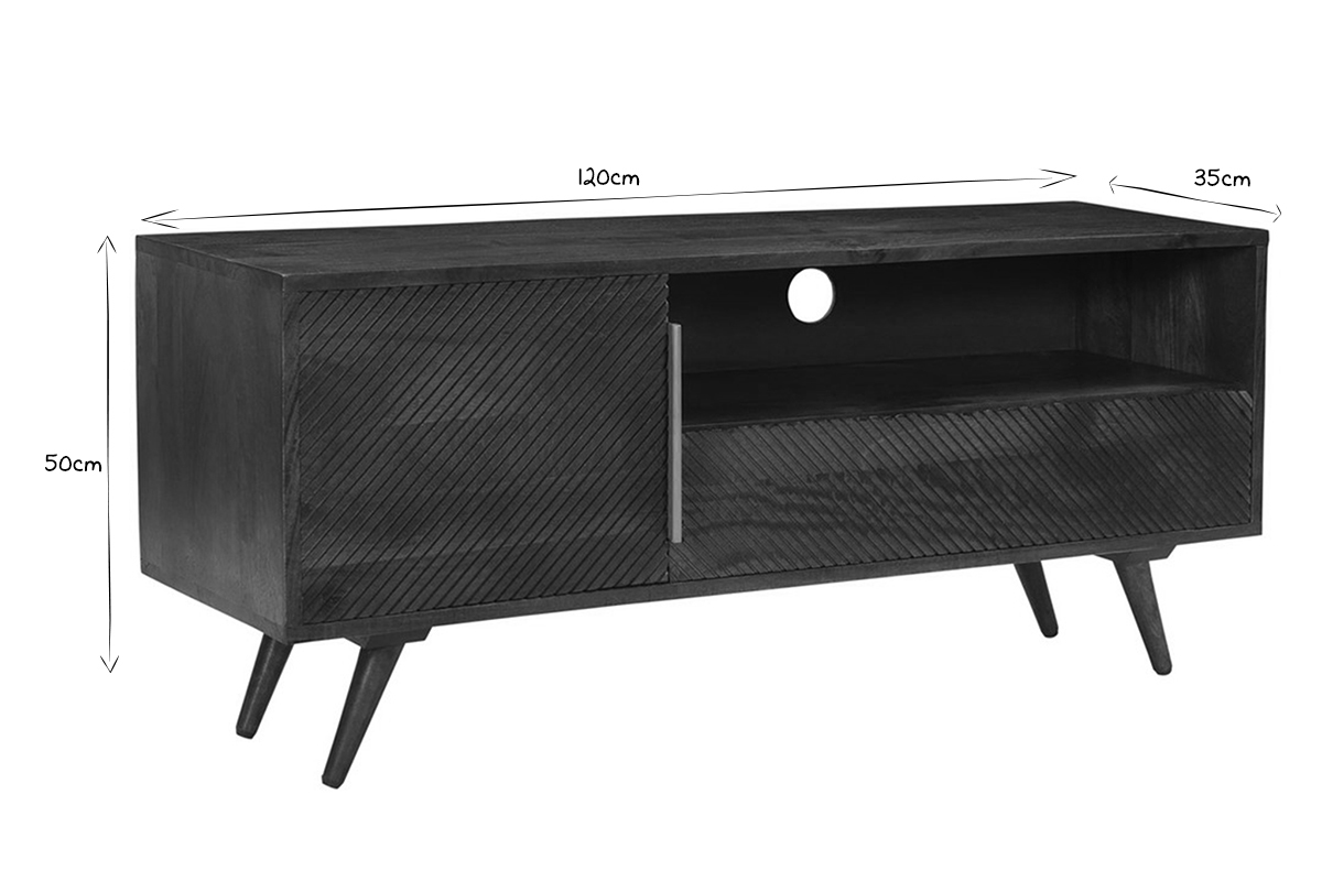 Meuble TV vintage en bois fonc manguier massif 1 porte 1 tiroir gravs L120 cm REKHA