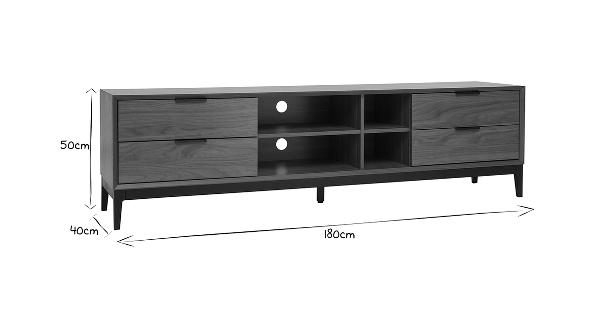 Meuble TV vintage finition bois foncé noyer et métal noir avec rangements L180 cm SARTO