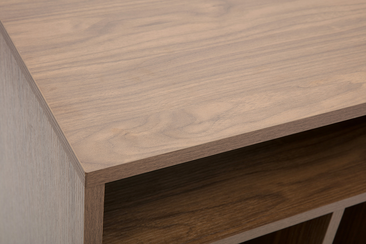 Buffet de rangement vinyles en bois fonc� finition noyer, m�tal noir, L90 cm, mod�le KANE.