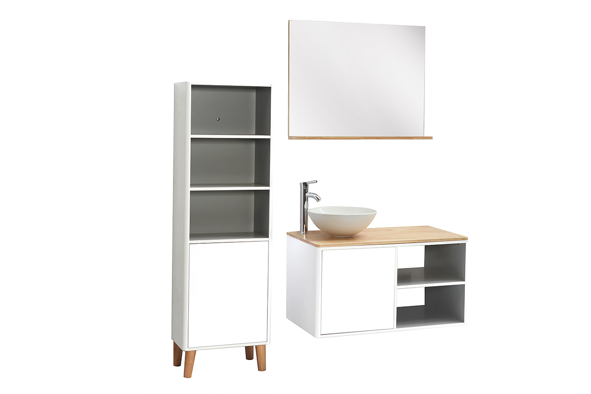 Meubles de salle de bains avec colonne et miroir blanc et bois (sans vasque) LA�TA