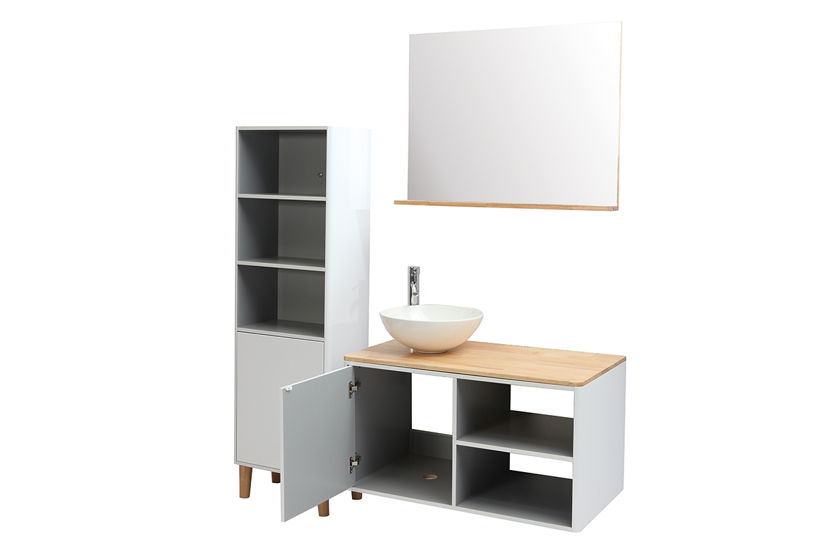 Meubles de salle de bains avec colonne et miroir blanc et bois (sans vasque) LA�TA