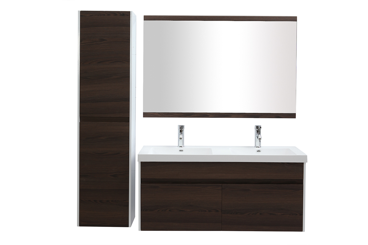 Meubles de salle de bains avec double vasque, miroir et rangements blanc et bois fonc� GANFO