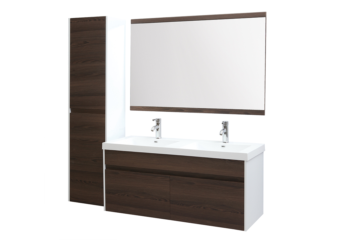 Meubles de salle de bains avec double vasque, miroir et rangements blanc et bois fonc� GANFO